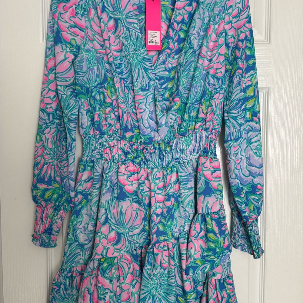 Lilly Pulitzer Cristiana Dress Ruffled Flared Multi Long Sleeve V-Neck Size 10